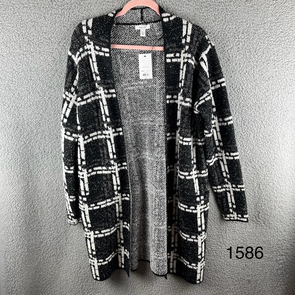 Nine West Women’s Large Clean Collar Coatigan Black White & Silver Sweater NWT - Picture 2 of 16